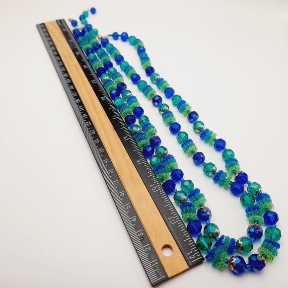 Vintage Hong Kong Early Plastic Two Strand Beaded Necklace, Green Blue Beads - Picture 9 of 10